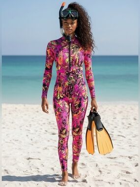 Dive Goddess Multicolor Print Skin Suit Water Diving Sz Large